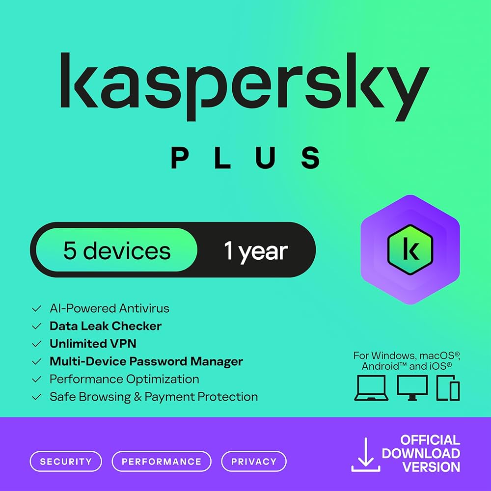 Kaspersky Plus: 5 Devices, 1-Year Digital License, Delivered Electronically (E-Mail ++)