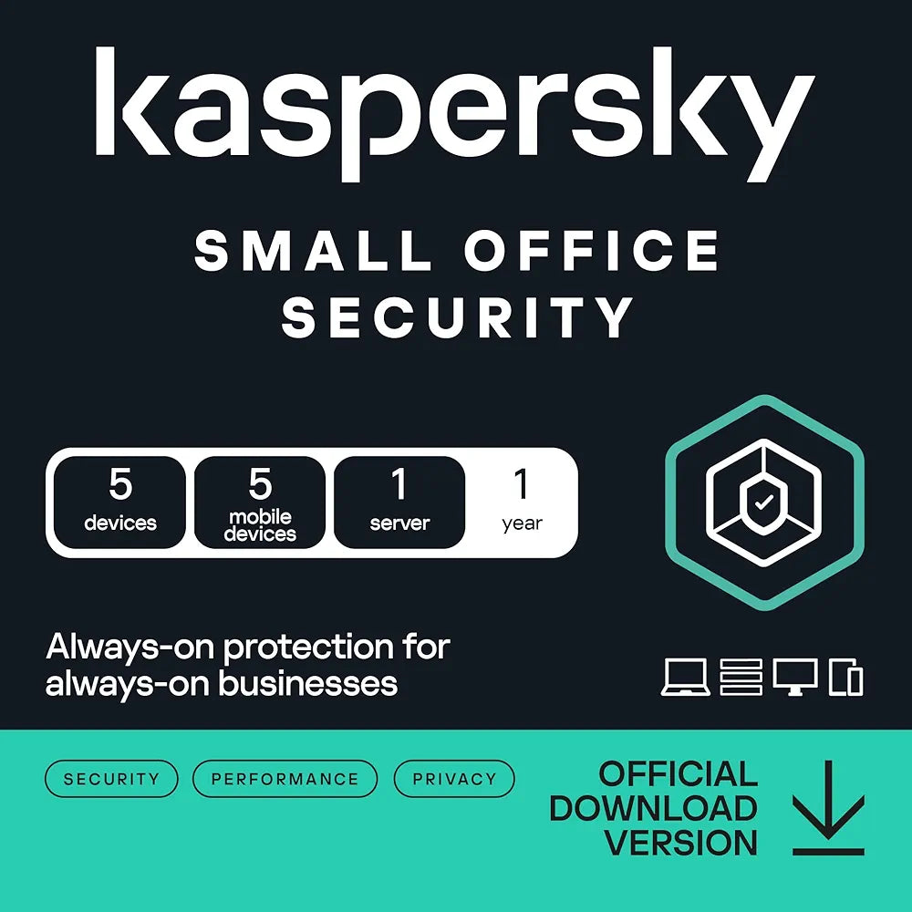 Kaspersky Small Office Security: 1-Year Protection for 5 PCs, 5 Mobiles, 1 File Server | 5 VPNs, Password Manager, Antivirus