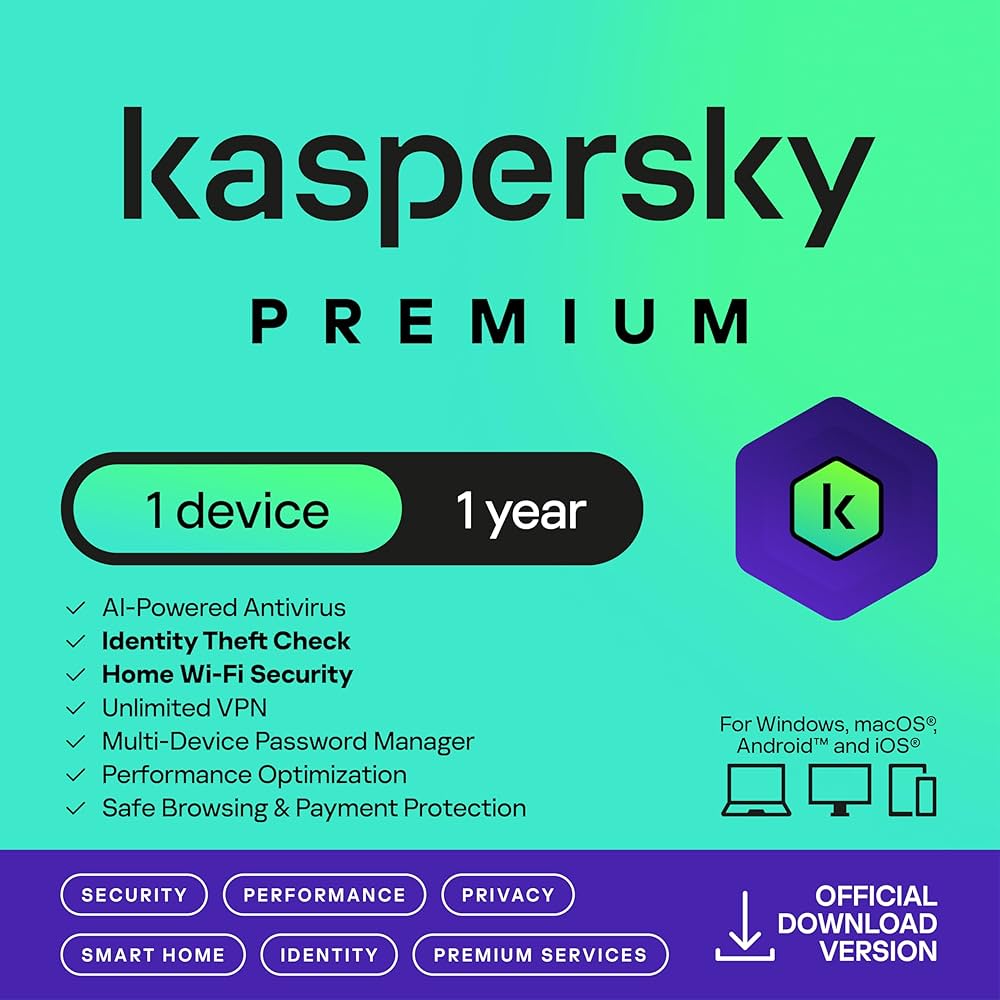 Kaspersky Premium Total Security + 24/7 User Support | 1 Device | 1-Year Digital License, Delivered Electronically (E-Mail ++)