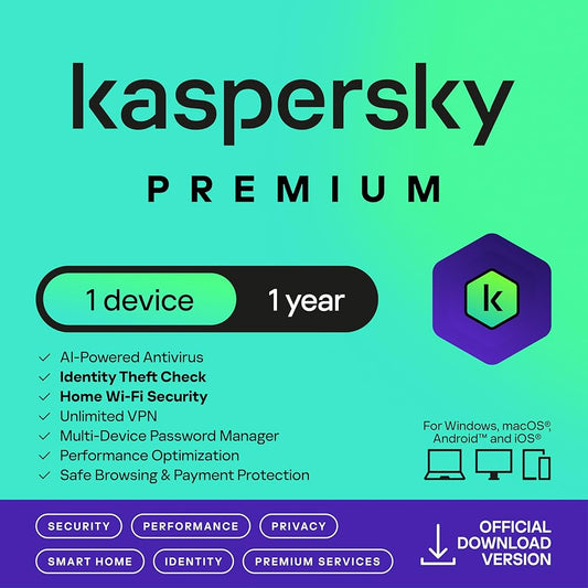 Kaspersky Premium Total Security + 24/7 User Support | 1 Device | 1-Year Digital License, Delivered Electronically (E-Mail ++)