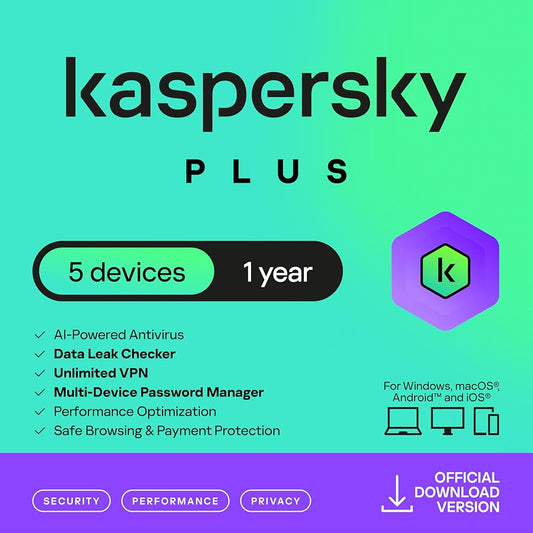 Kaspersky Plus: 5 Devices, 1-Year Digital License, Delivered Electronically (E-Mail ++)