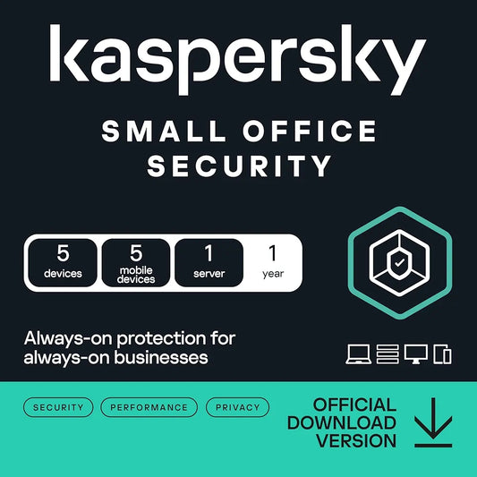 Kaspersky Small Office Security: 1-Year Protection for 5 PCs, 5 Mobiles, 1 File Server | 5 VPNs, Password Manager, Antivirus