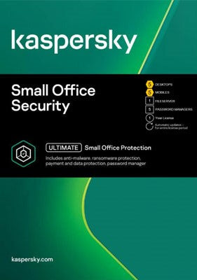 Kaspersky Small Office Security: 1-Year Protection for 5 PCs, 5 Mobiles, 1 File Server | 5 VPNs, Password Manager, Antivirus